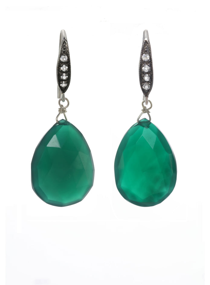 Green Onyx and White Sapphire Teardrop Earrings