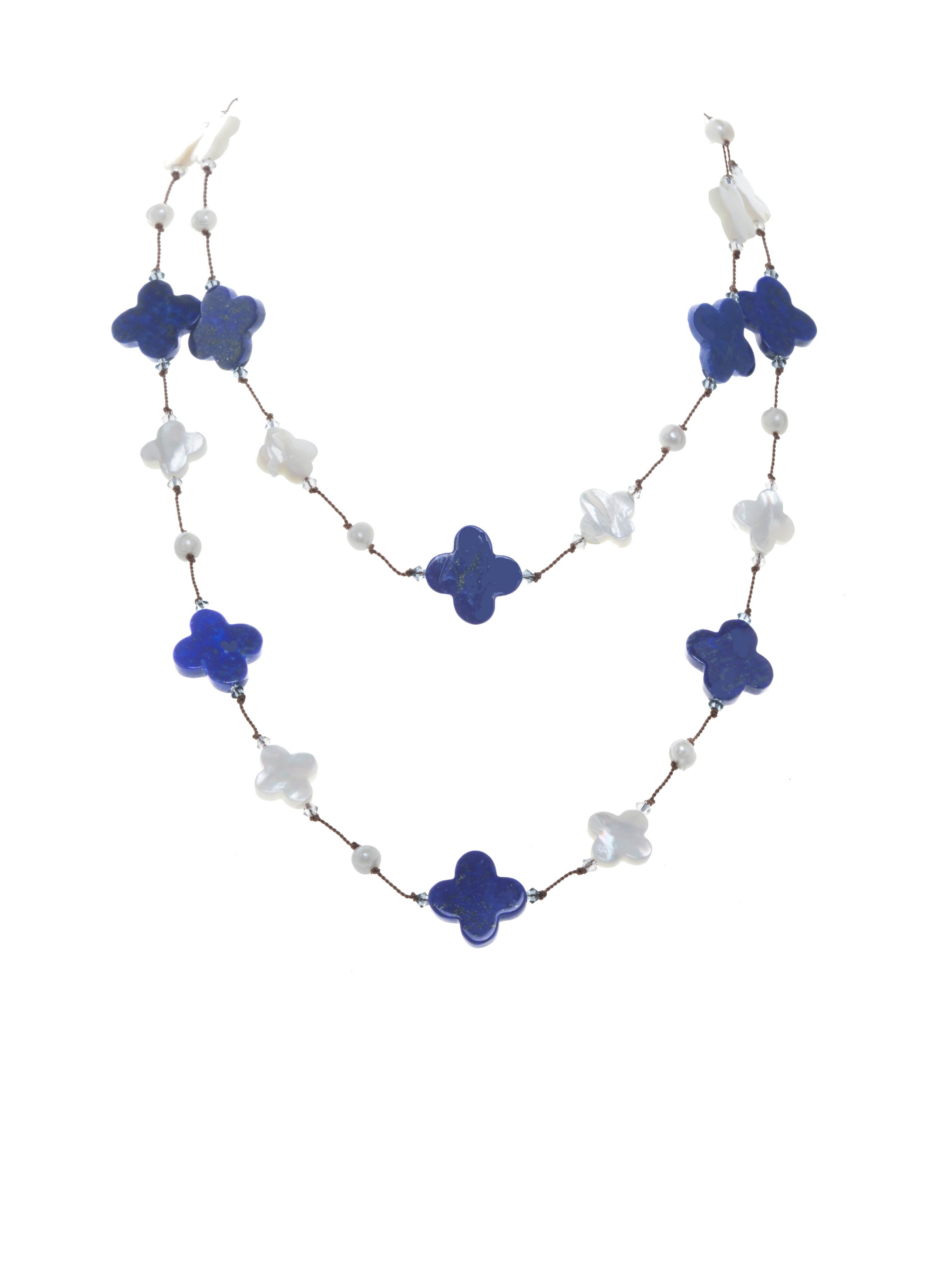 Long Lapis and Mother of Pearl Clover Necklace