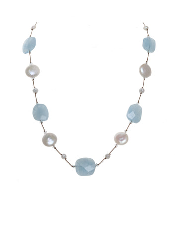 Aquamarine and Button Pearl Necklace