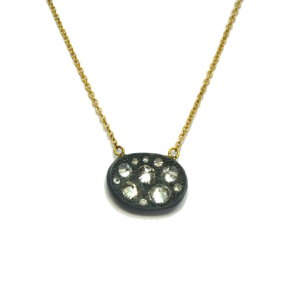 Oxidized Silver Concave Oval with Diamonds Necklace